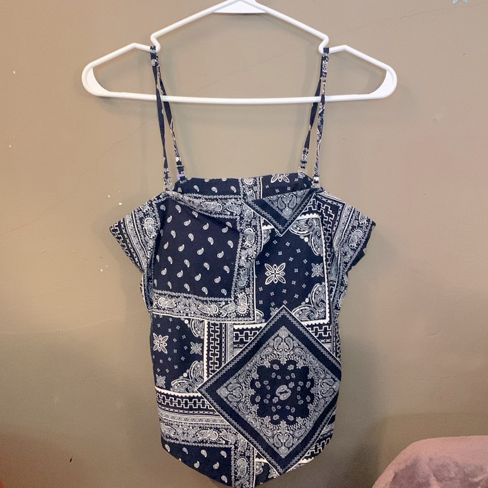 Navy blue and white bandana patch print tank